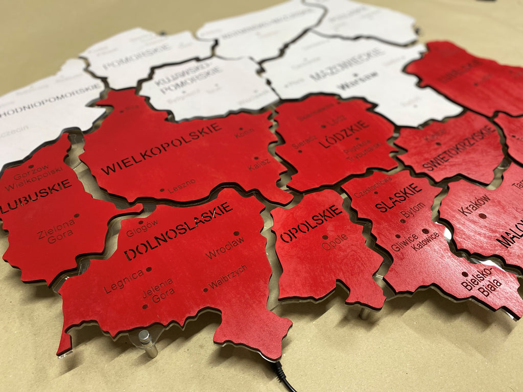 Poland LED map on acrylic glass with backlighting between regions color Flag