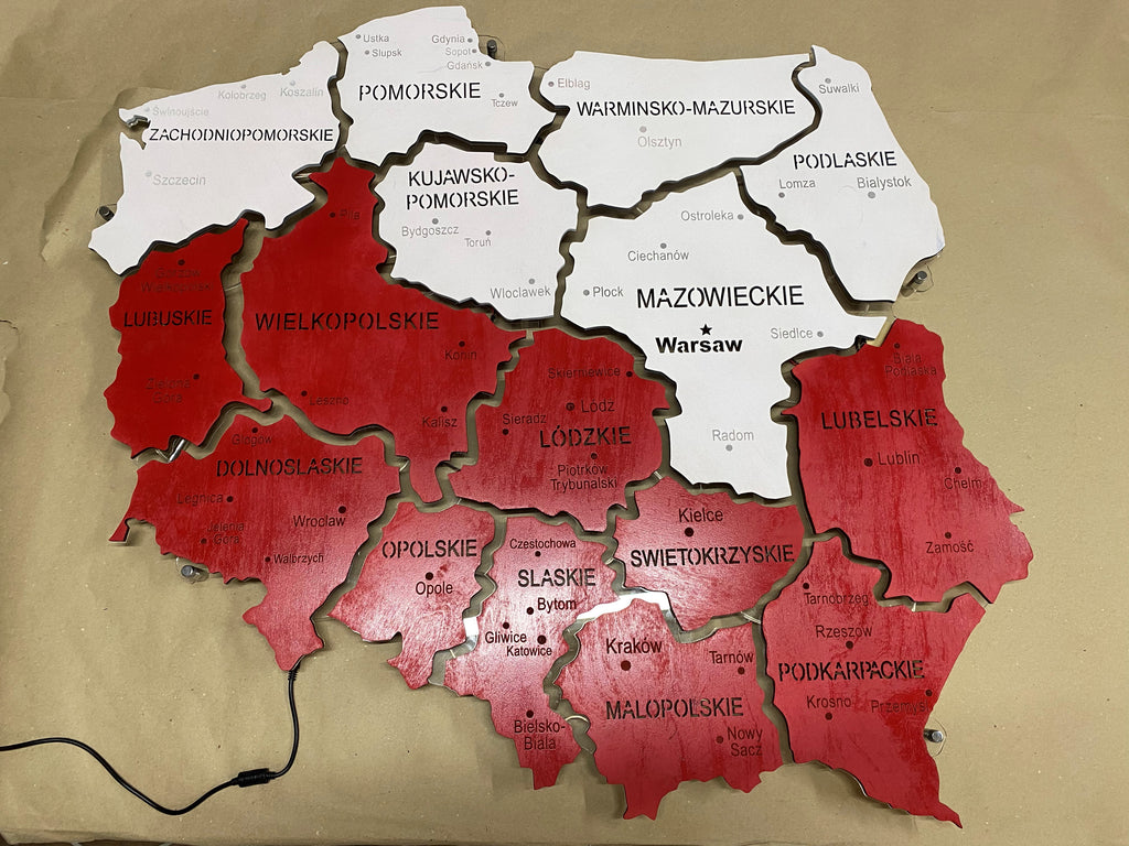 Poland LED map on acrylic glass with backlighting between regions color Flag
