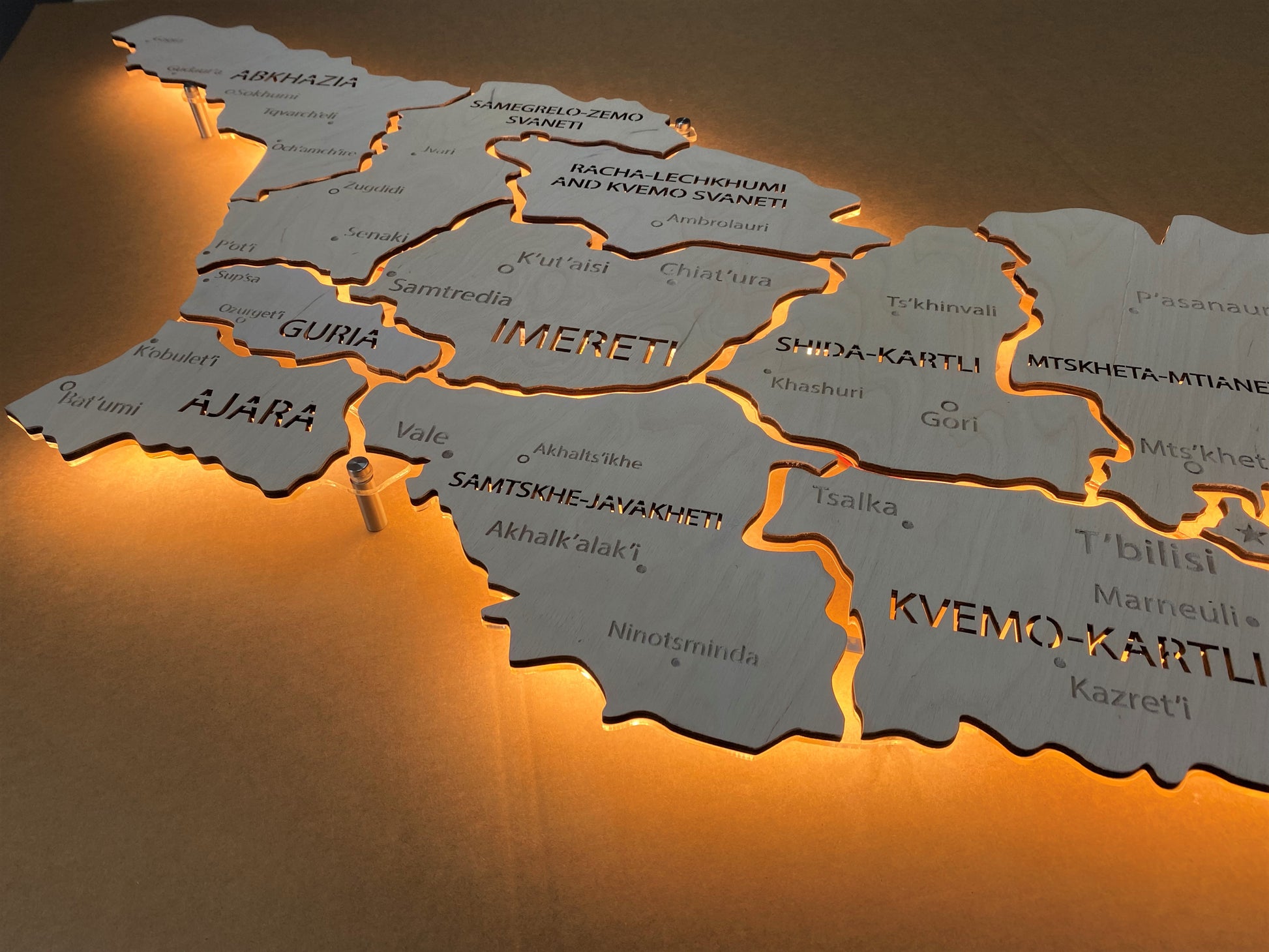 Georgia LED map on acrylic glass with backlighting between regions color White